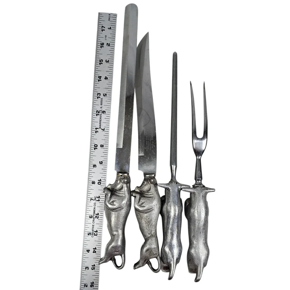 Vintage Bruce Fox Solingen‎ Germany Bull Steer Carving Set 4pc Chrome Steel MCM